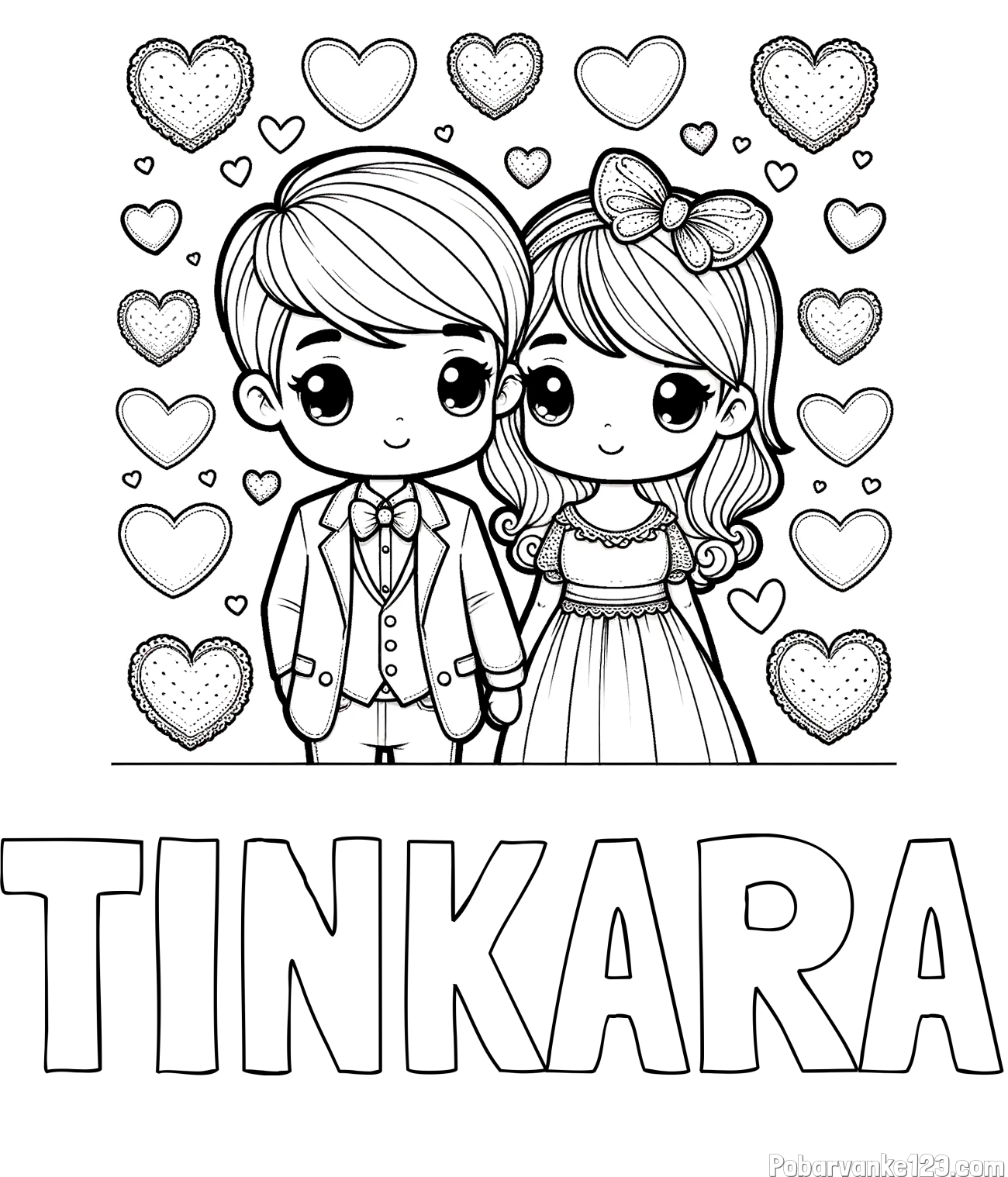 Pobarvanka imena TINKARA in pobarvanka dveh zaljubljencev s srčki