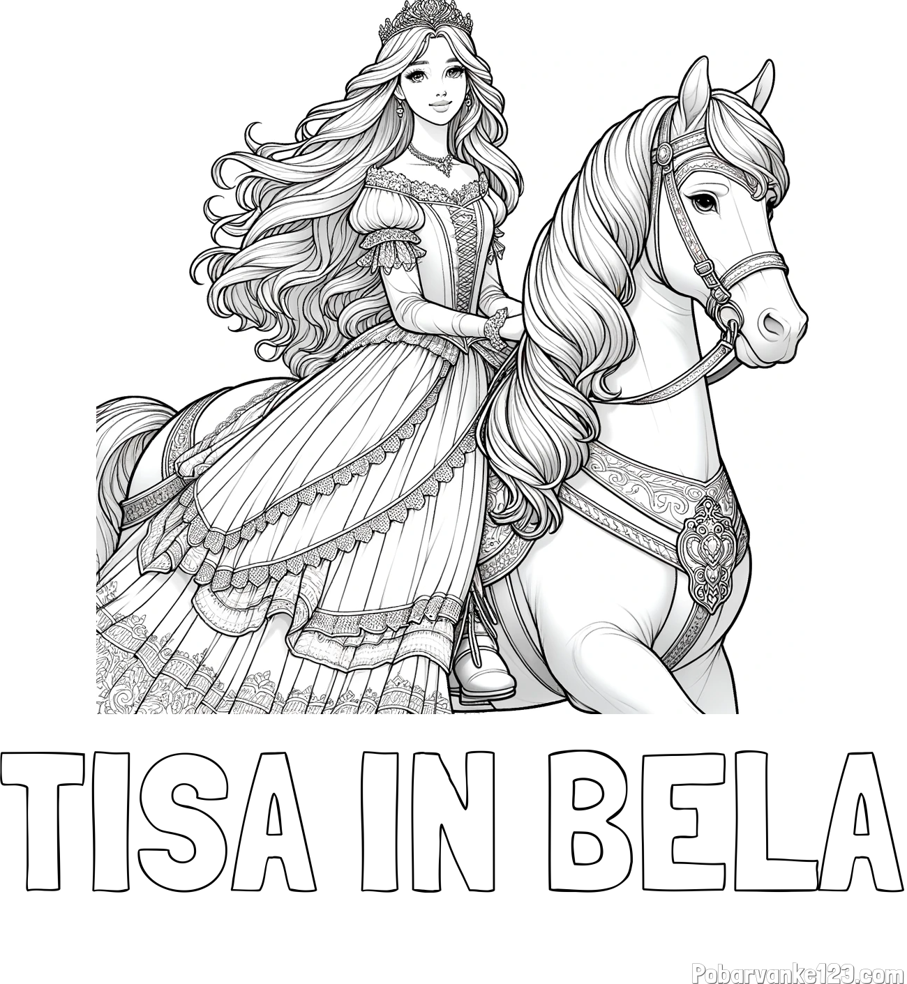 Pobarvanka imena TISA IN BELA in pobarvanka nasmejana princese na konju