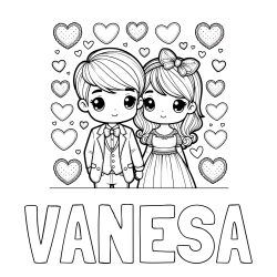 Online izdelana pobarvanka - Pobarvanka imena VANESA in pobarvanka dveh zaljubljencev s srčki