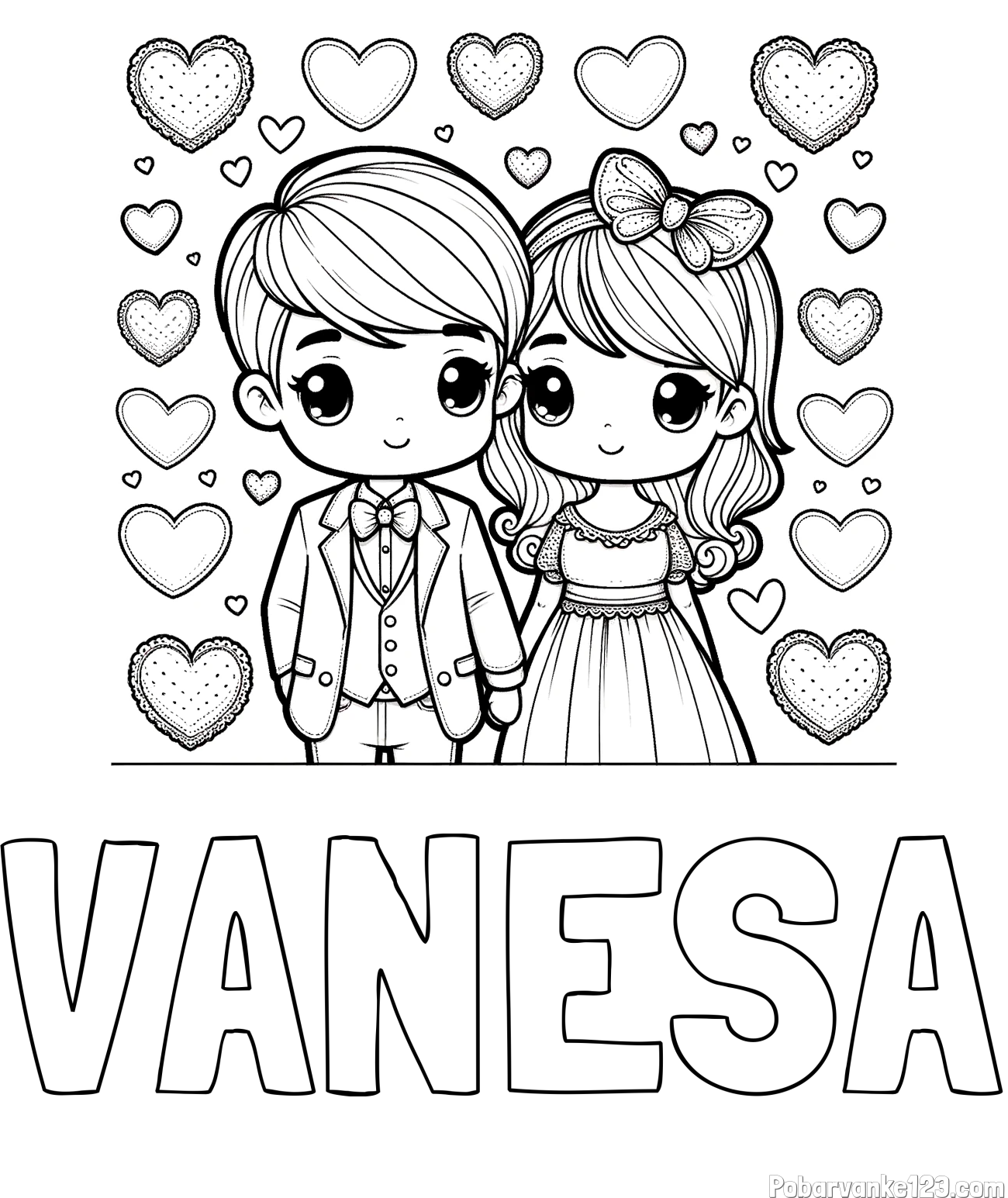 Pobarvanka imena VANESA in pobarvanka dveh zaljubljencev s srčki