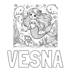 Online izdelana pobarvanka - Pobarvanka imena VESNA in pobarvana ljubke morske deklice s prijatelji