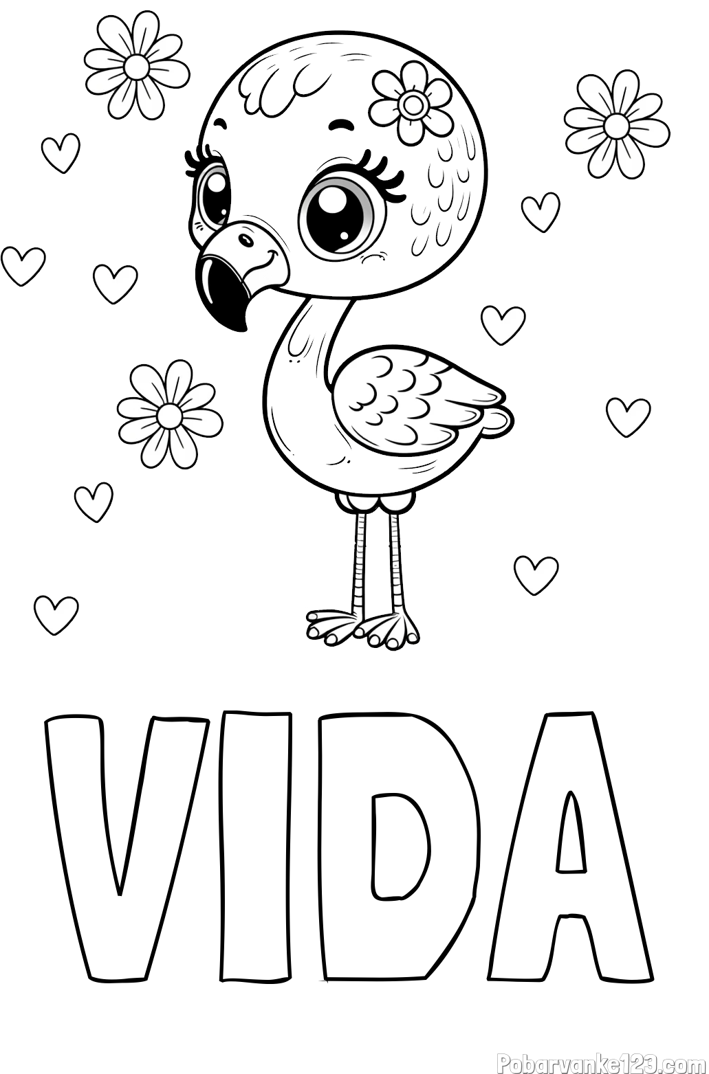 Pobarvanka imena VIDA in pobarvanka mladička flaminga z rožicami in srčki