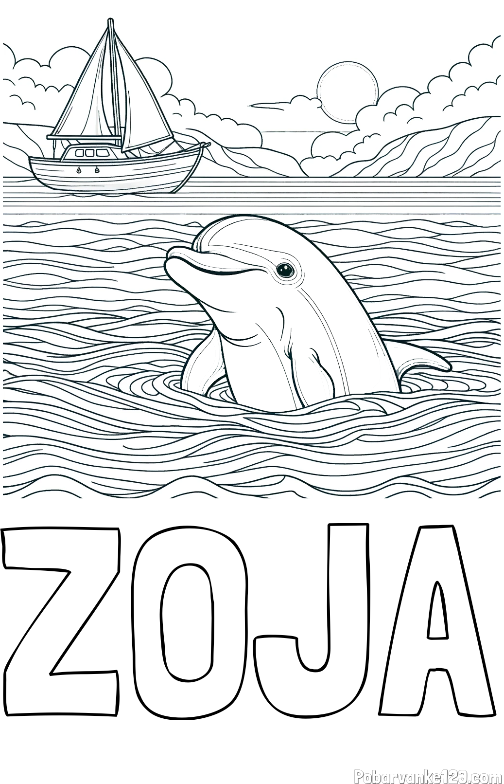 Pobarvanka imena ZOJA in pobarvanka delfina v morju ter jadrnice
