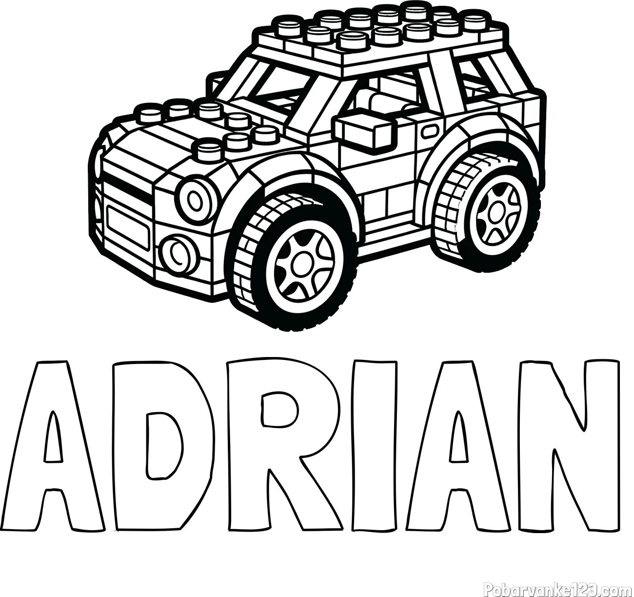 Pobarvanka imena ADRIAN in pobarvanka avtomobila sestavljenega iz LEGO kock
