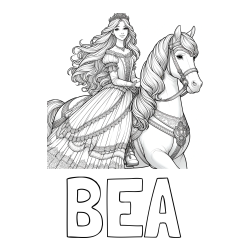 Online izdelana pobarvanka - Pobarvanka imena BEA in pobarvanka nasmejana princese na konju