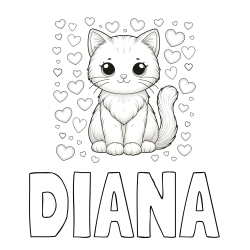 Online izdelana pobarvanka - Pobarvanka imena DIANA in pobarvanka ljubke mucke obdane s srčki