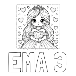 Online izdelana pobarvanka - Pobarvanka imena EMA 3 in pobarvanka ljubke princese obdane s srčki