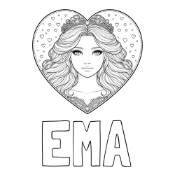 Online izdelana pobarvanka - Pobarvanka imena EMA in pobarvanka ljubke princese v srčku
