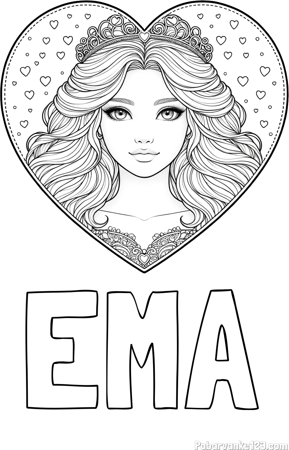 Pobarvanka imena EMA in pobarvanka ljubke princese v srčku