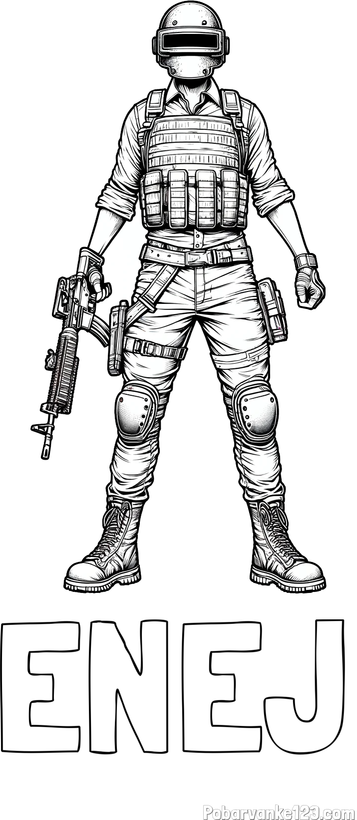Pobarvanka imena ENEJ in PUBG pobarvanka glavnega junaka narisanega od spredaj