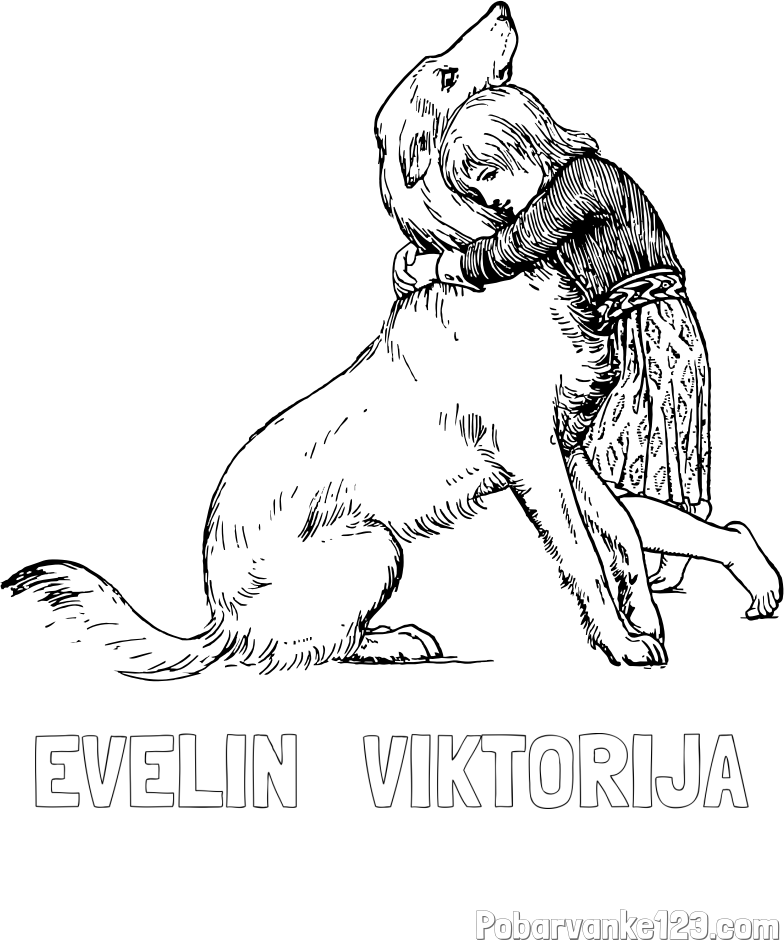Pobarvanka imena EVELIN   VIKTORIJA in pobarvanka prikupnega kužka, ki ga objema mala deklica