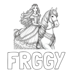 Online izdelana pobarvanka - Pobarvanka imena FRGGY in pobarvanka nasmejana princese na konju