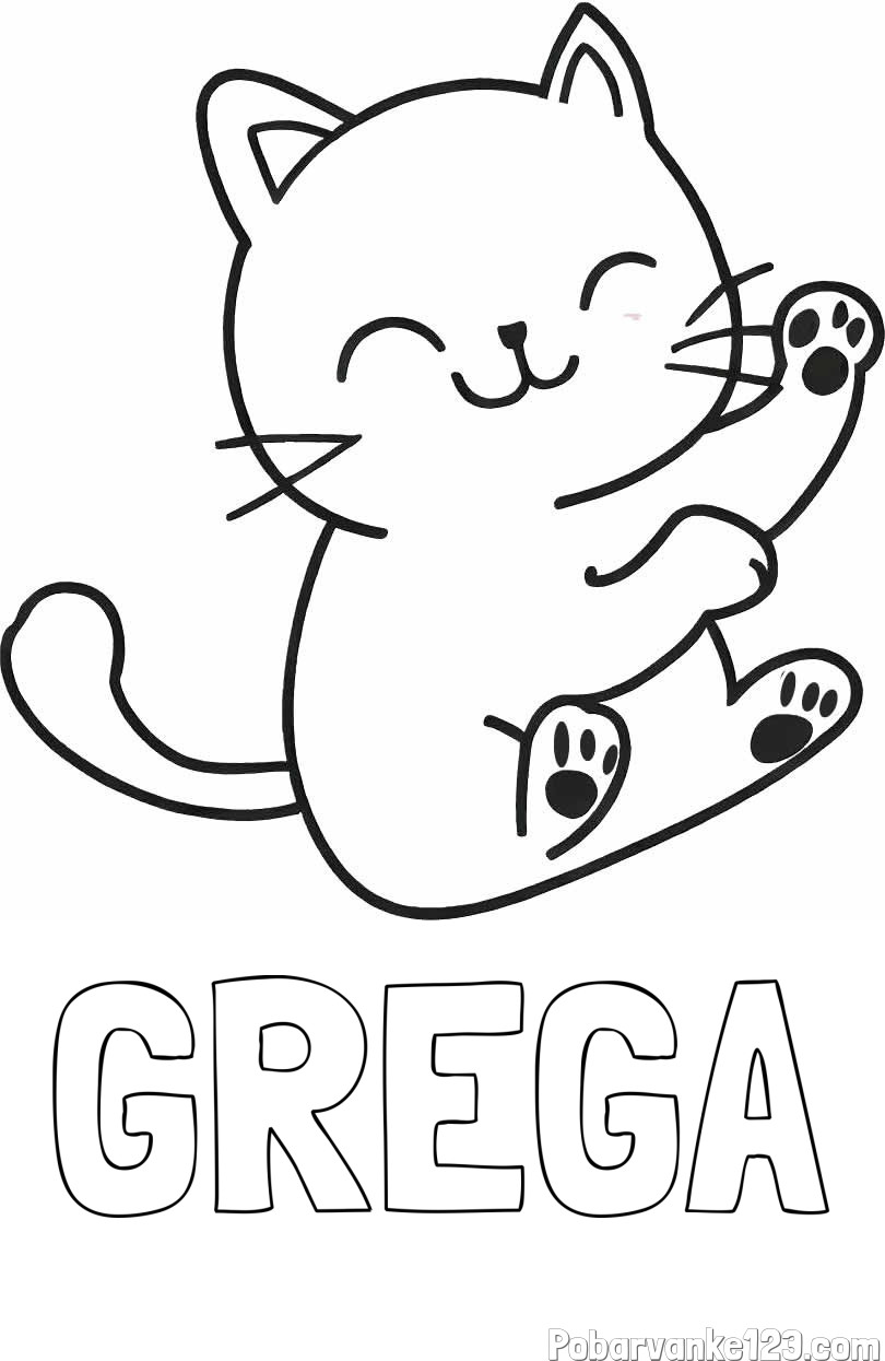 Pobarvanka imena GREGA in pobarvanka razigranega mucka