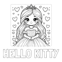 Online izdelana pobarvanka - Pobarvanka imena HELLO KITTY in pobarvanka ljubke princese obdane s srčki