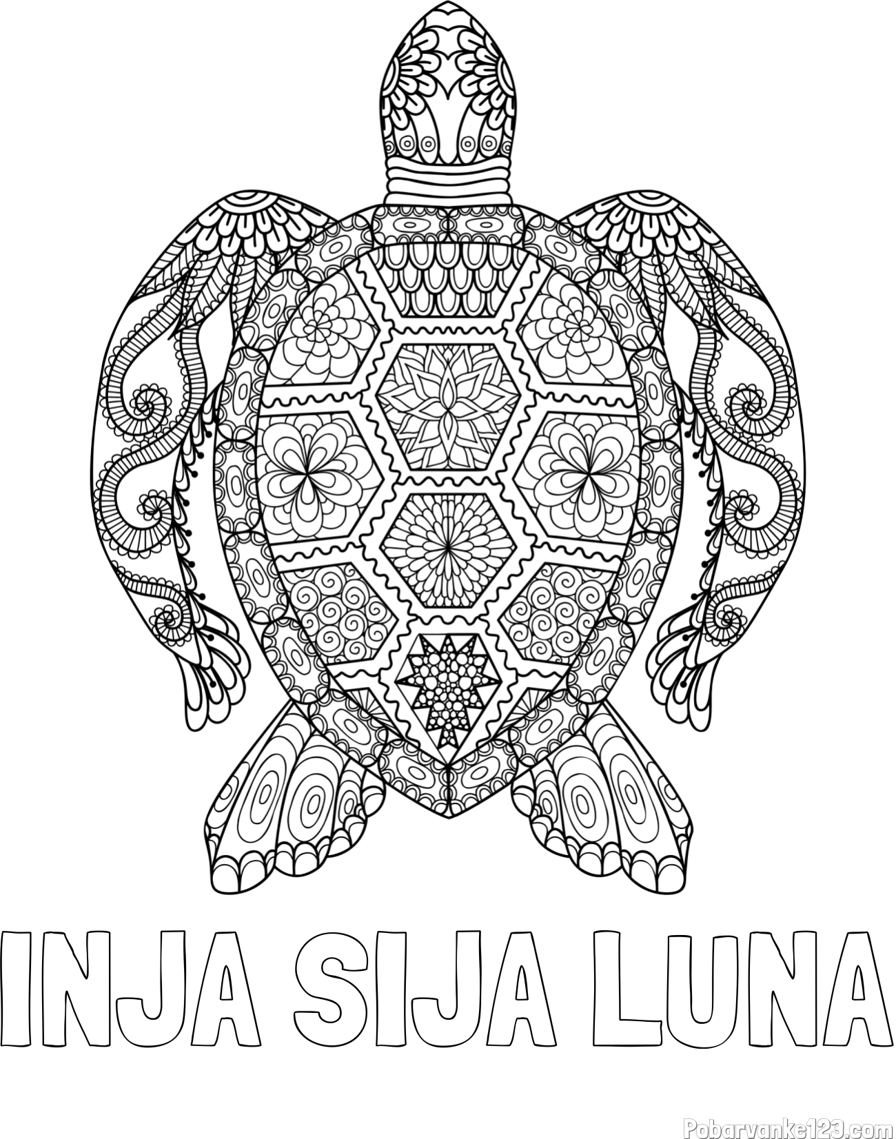 Pobarvanka imena INJA SIJA LUNA in pobarvanka želve - mandale