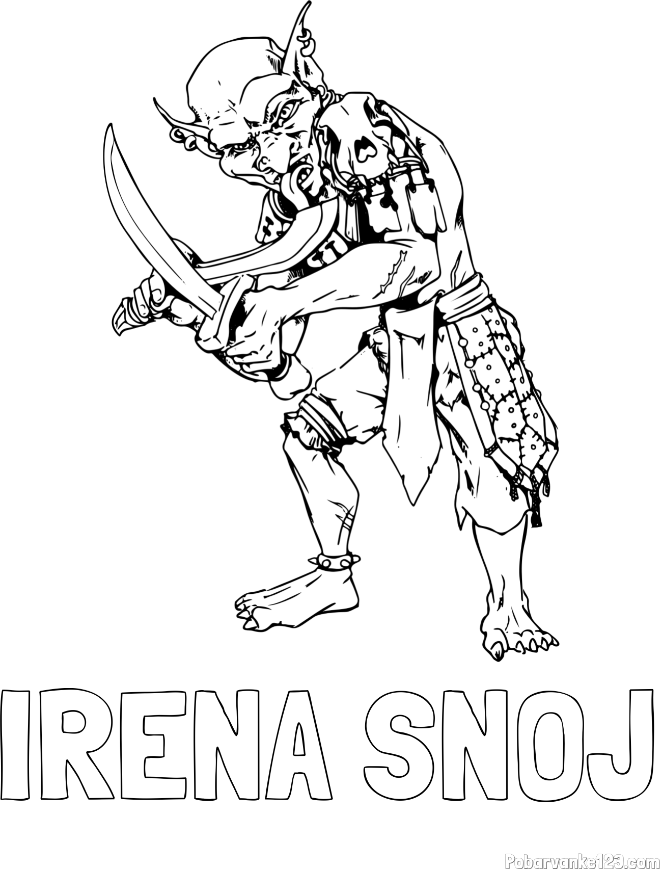 Pobarvanka imena IRENA SNOJ in pobarvnaka škrata s sabljo