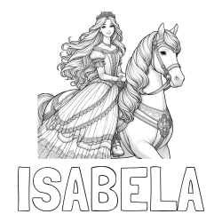 Online izdelana pobarvanka - Pobarvanka imena ISABELA in pobarvanka nasmejana princese na konju