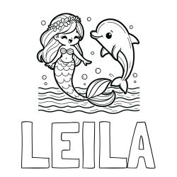 Pobarvanka imena LEILA in pobarvanka ljubke morske deklice, ki pleše z delfinom