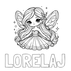 Online izdelana pobarvanka - Pobarvanka imena LORELAJ in pobarvanka ljubke in nasmejane čarobne vile