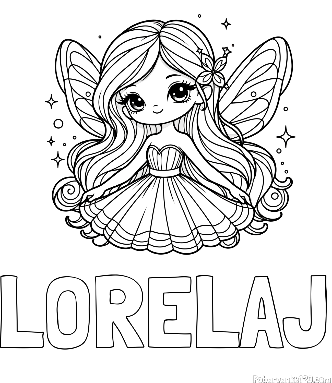 Pobarvanka imena LORELAJ in pobarvanka ljubke in nasmejane čarobne vile