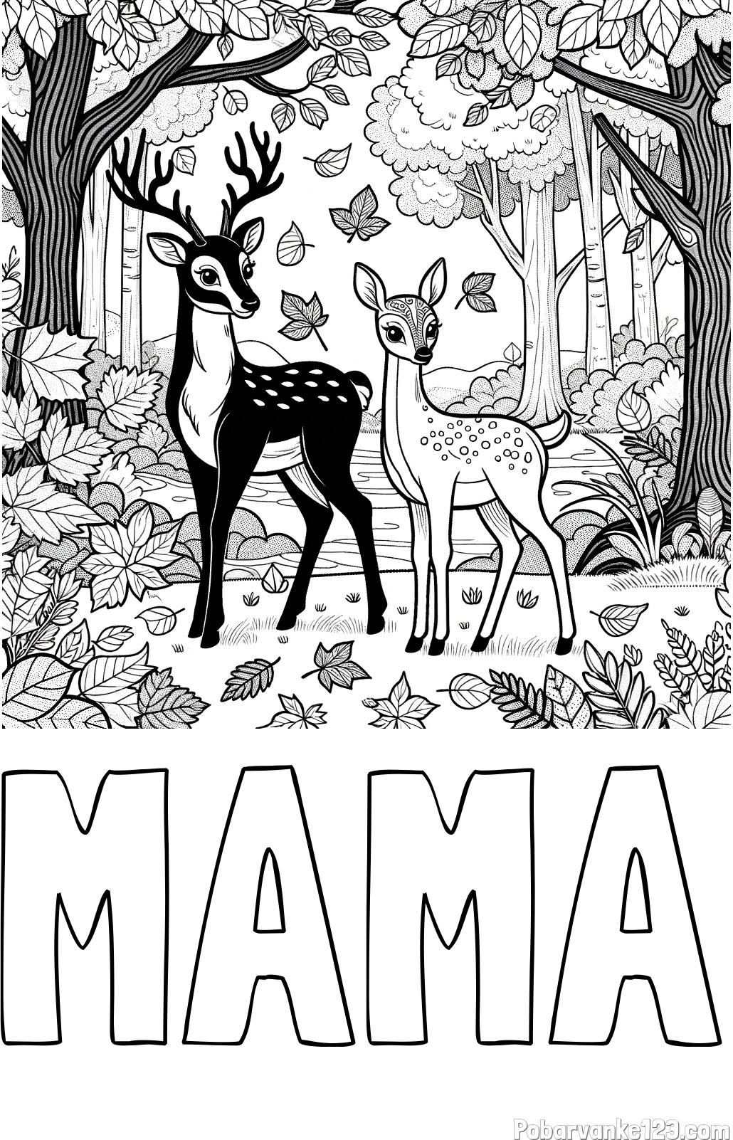 Pobarvanka imena MAMA in pobarvanka srnice in jelenčka