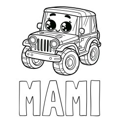 Online izdelana pobarvanka - Pobarvanka imena MAMI in otroška pobarvanka nasmejanega jeep-a