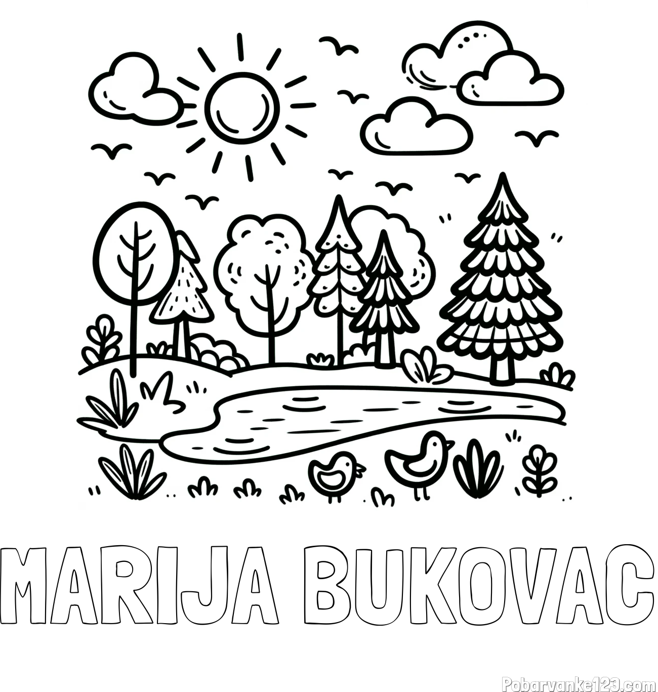 Pobarvanka imena MARIJA BUKOVAC in preprosta otroška pobarvanka narave