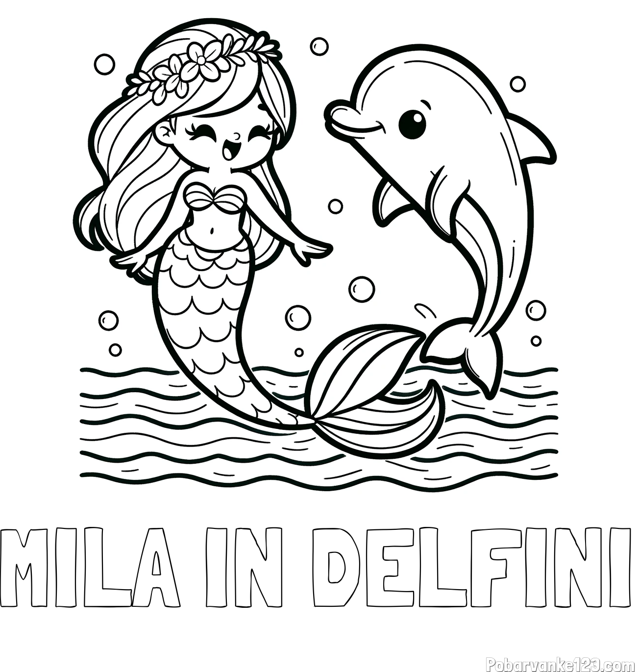 Pobarvanka imena MILA IN DELFINI in pobarvanka ljubke morske deklice, ki pleše z delfinom