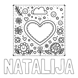 Online izdelana pobarvanka - Pobarvanka imena NATALIJA in pobarvanka srčka ter rožic