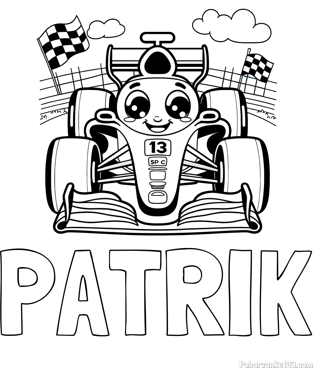 Pobarvanka imena PATRIK in otroška pobarvanka FORMULA 1