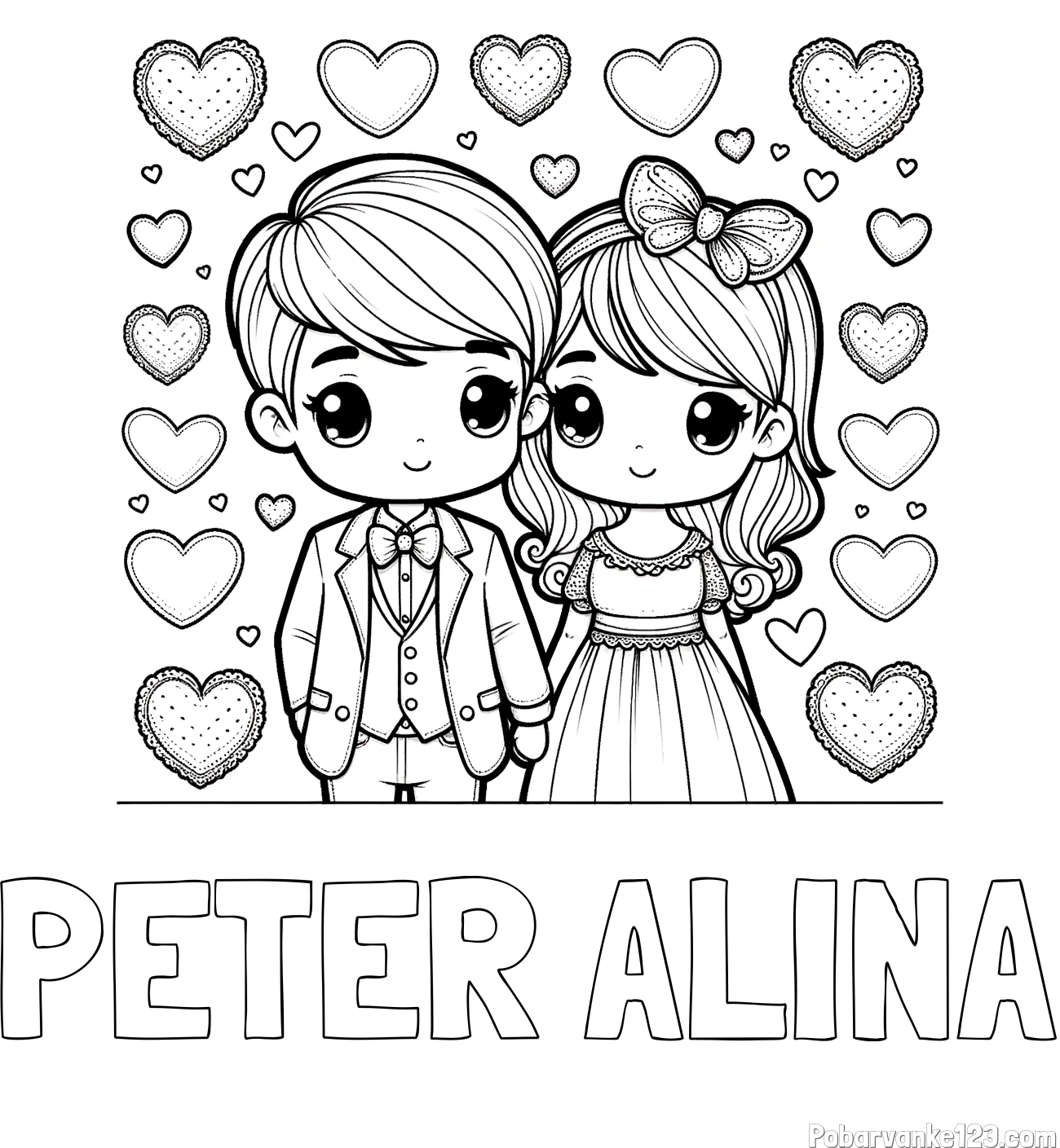 Pobarvanka imena PETER ALINA in pobarvanka dveh zaljubljencev s srčki