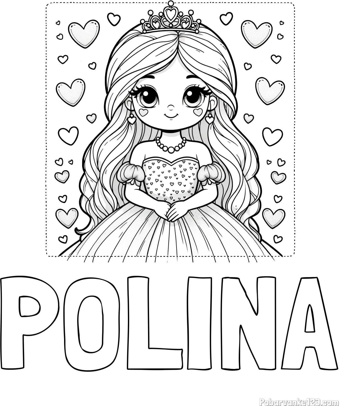 Pobarvanka imena POLINA in pobarvanka ljubke princese obdane s srčki