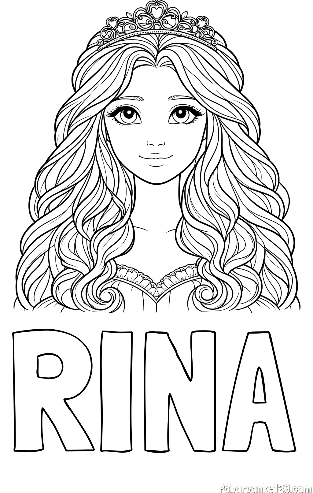Pobarvanka imena RINA in pobarvanka ljubke princese z bujnimi lasmi