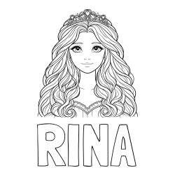 Online izdelana pobarvanka - Pobarvanka imena RINA in pobarvanka ljubke princese z bujnimi lasmi