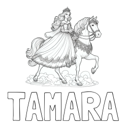 Online izdelana pobarvanka - Pobarvanka imena TAMARA in pobarvanka princese na konju