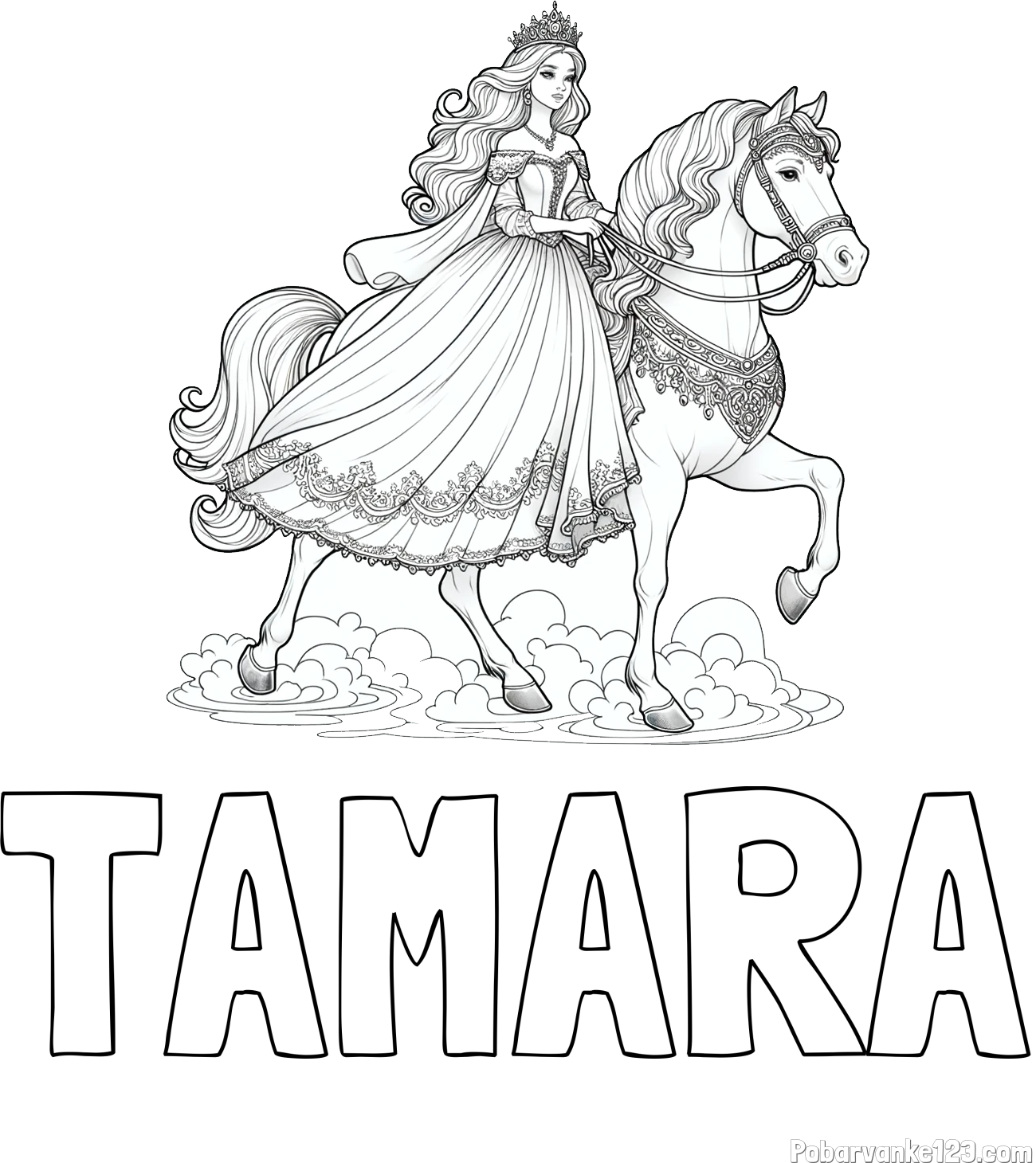 Pobarvanka imena TAMARA in pobarvanka princese na konju