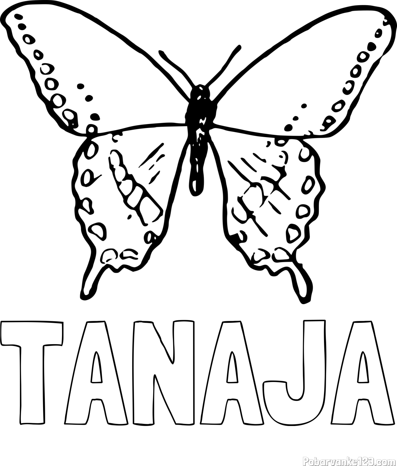 Pobarvanka imena TANAJA in starejša in preprosta pobarvanka metulja