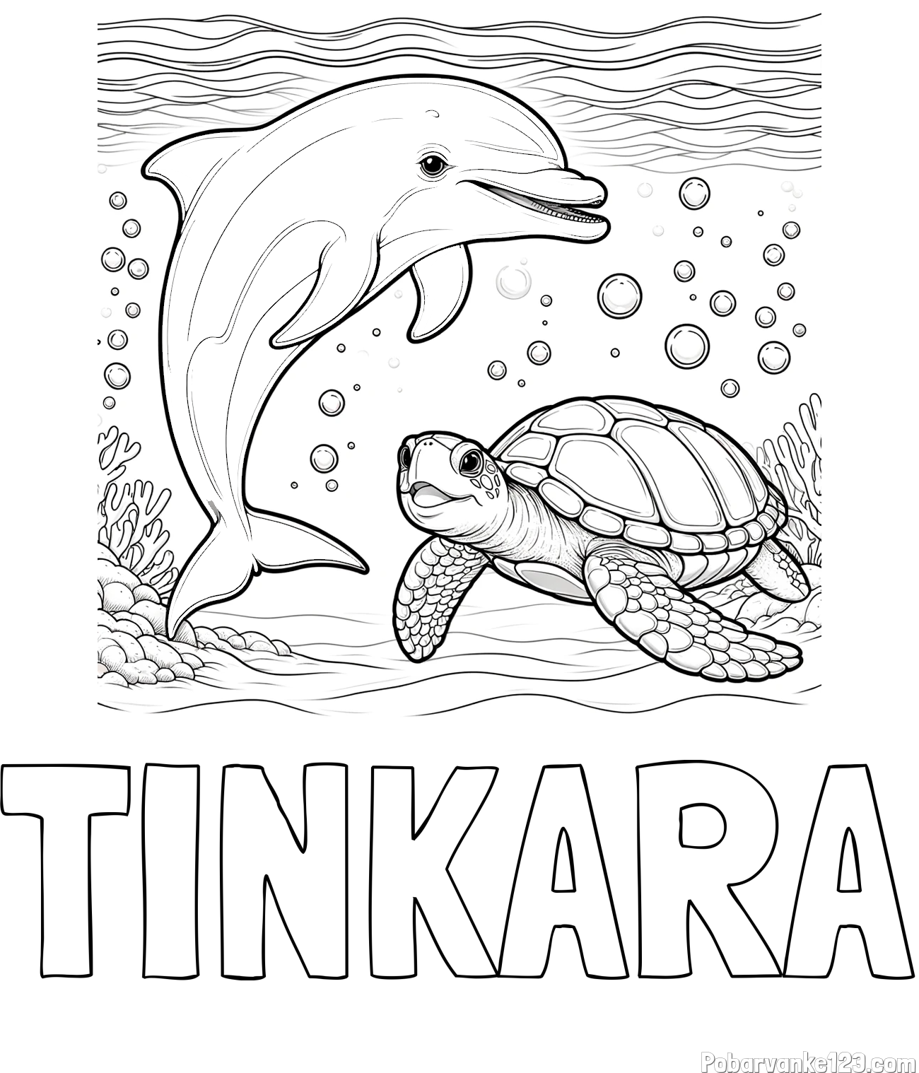 Pobarvanka imena TINKARA in pobarvanka ljubkega delfina in njegove prijateljice želve