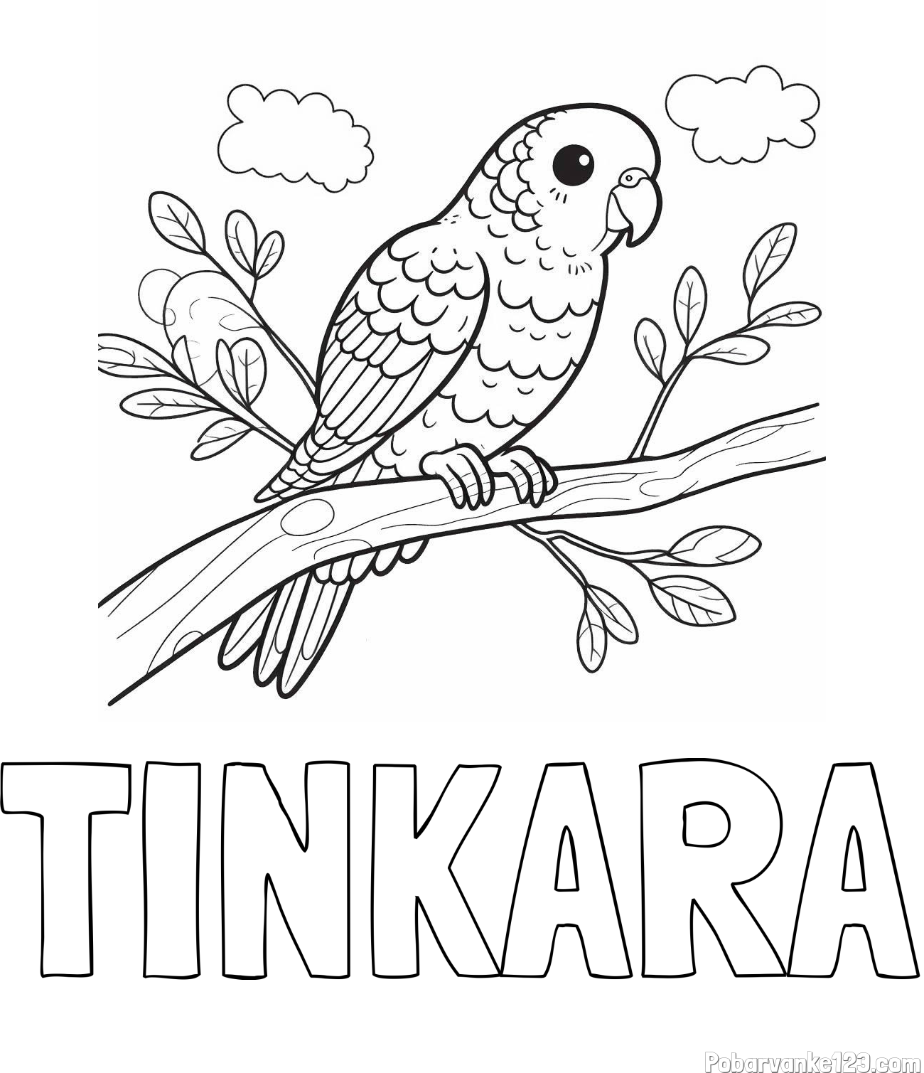 Pobarvanka imena TINKARA in pobarvanka ljubkega kanarčka na veji