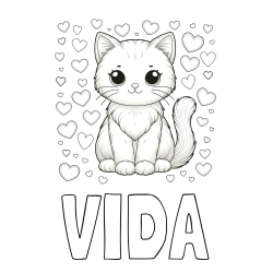 Online izdelana pobarvanka - Pobarvanka imena VIDA in pobarvanka ljubke mucke obdane s srčki