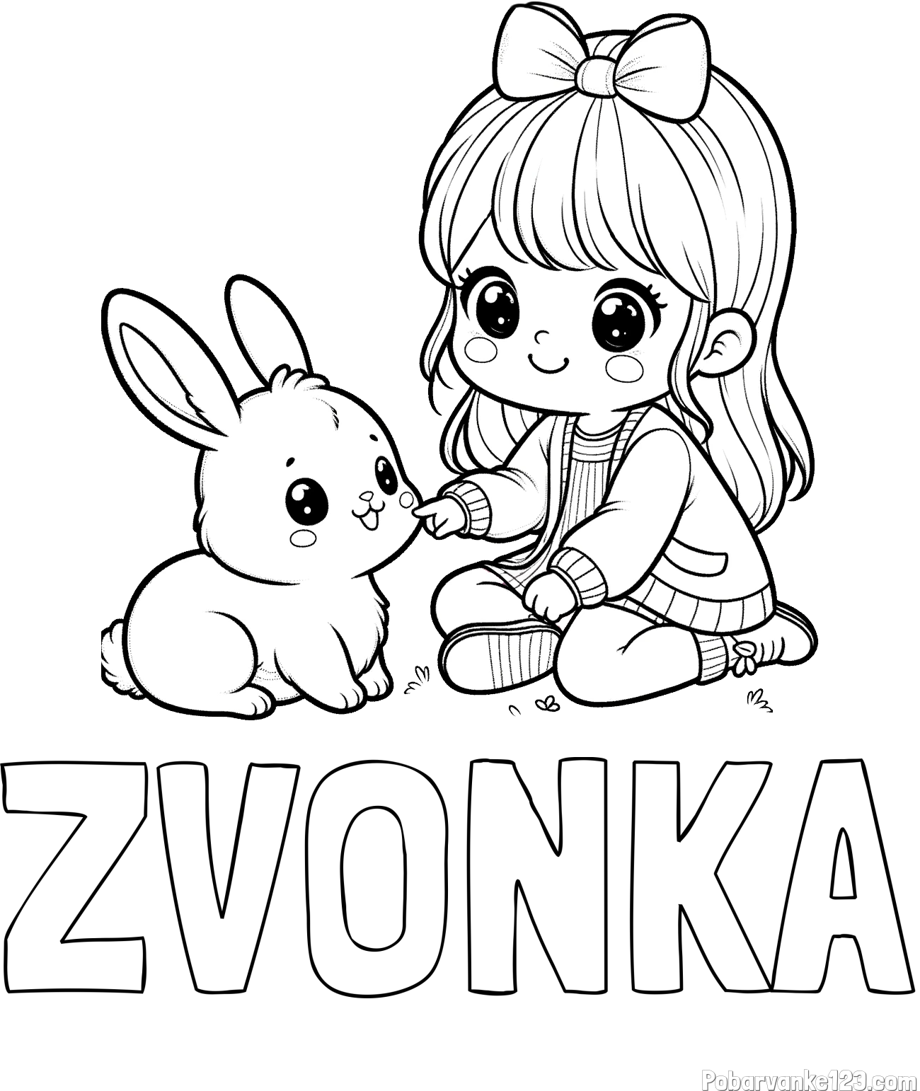 Pobarvanka imena ZVONKA in pobarvanka ljubke punčke, ki se igra z zajčkom