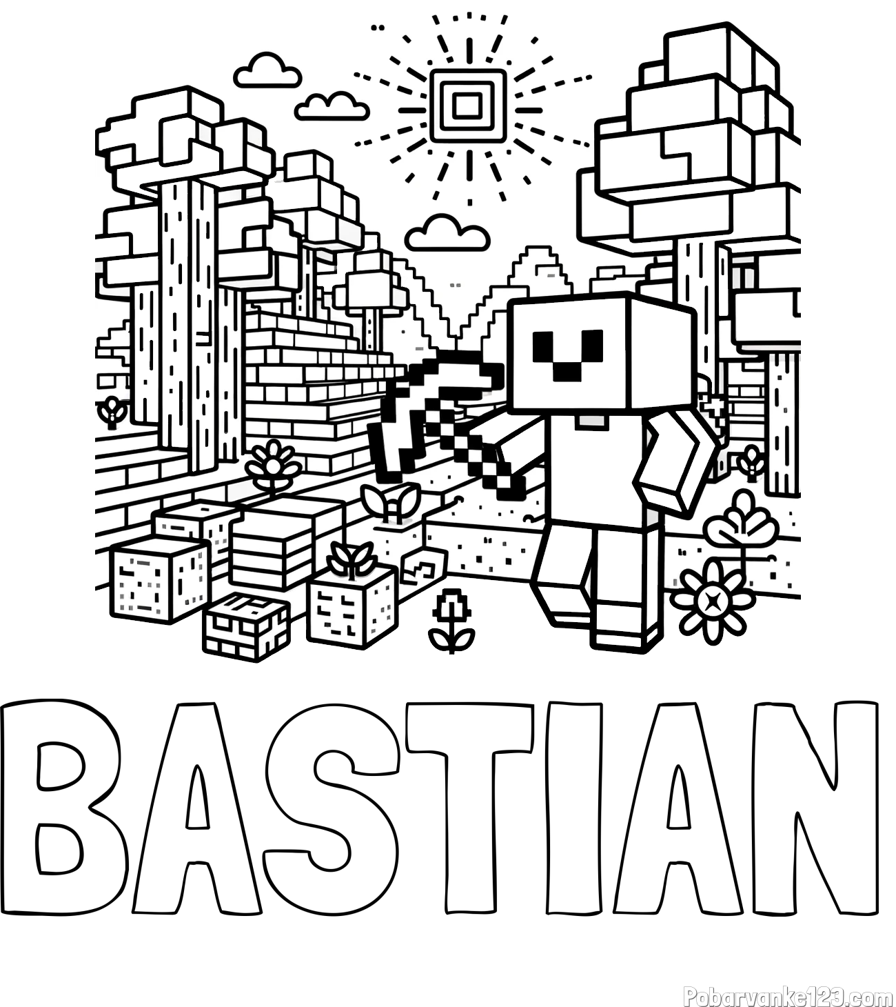 Pobarvanka imena BASTIAN in pobarvanka Minecraft sveta