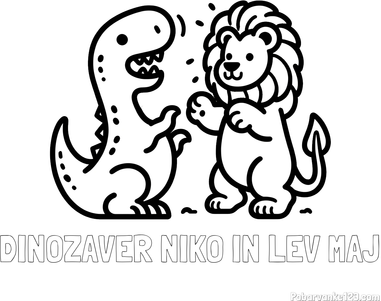 Pobarvanka imena DINOZAVER NIKO IN LEV MAJ in pobarvanka dinozavra, ki napada leva