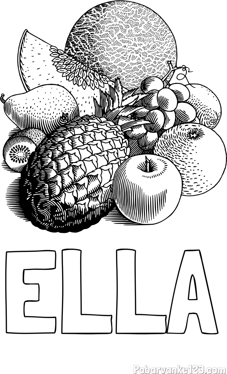 Pobarvanka imena ELLA in pobarvanka sadja (ananas, melona, jabolka, kivi, grozdje, pomaranča...)