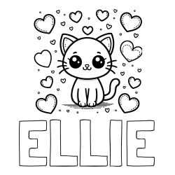 Online izdelana pobarvanka - Pobarvanka imena ELLIE in pobarvanka ljubke mucke obdane z veliko srčki