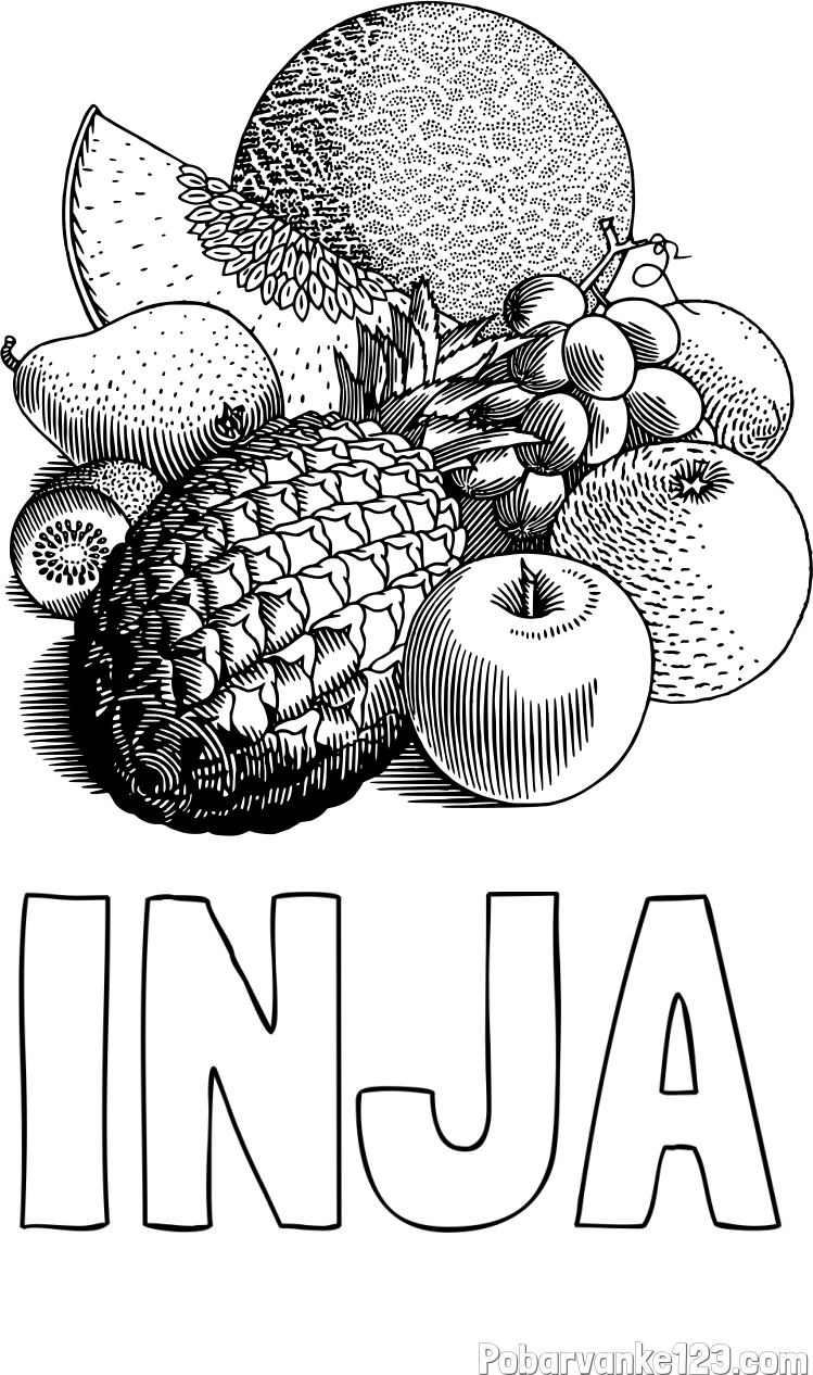 Pobarvanka imena INJA in pobarvanka sadja (ananas, melona, jabolka, kivi, grozdje, pomaranča...)