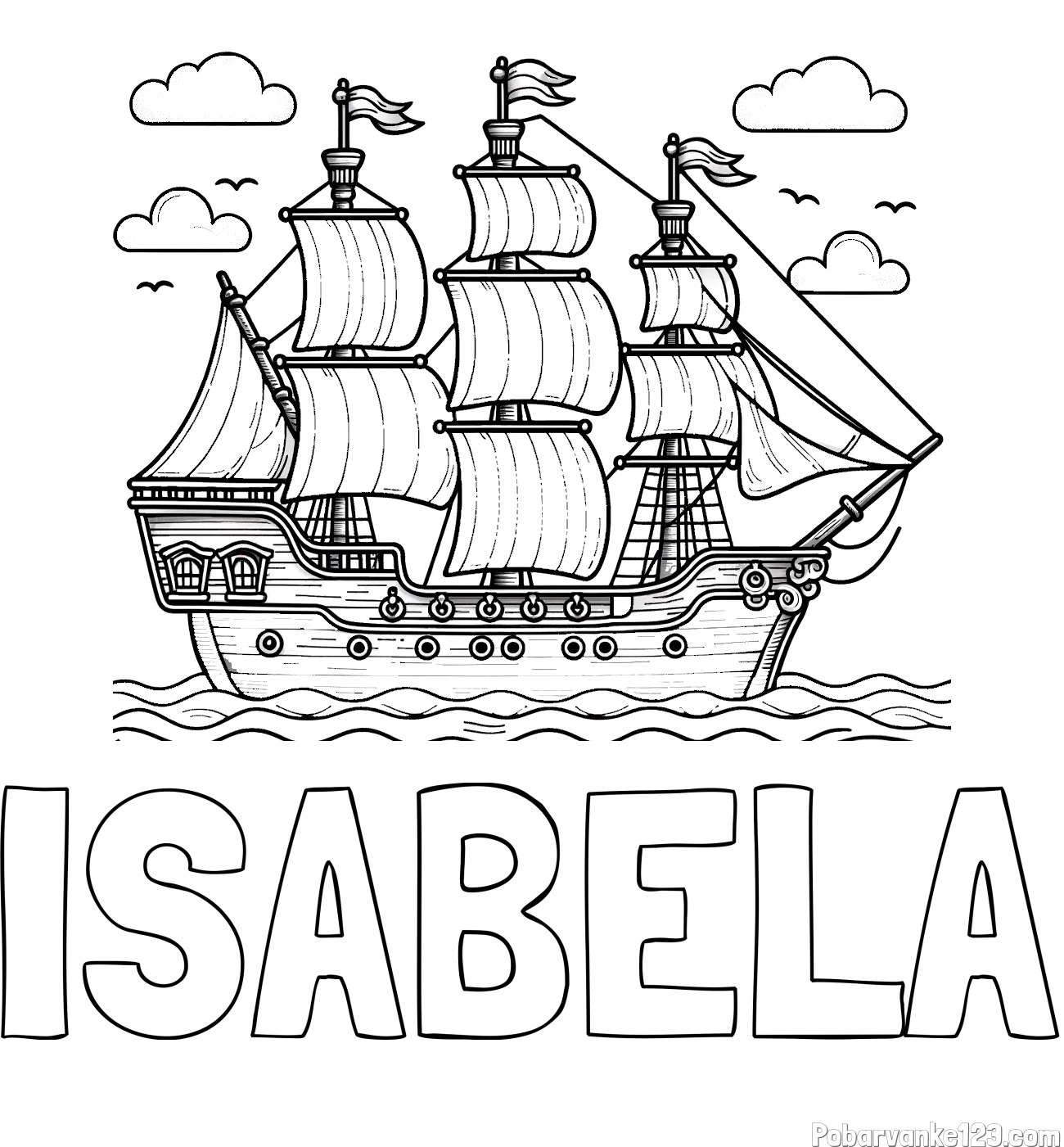 Pobarvanka imena ISABELA in pobarvanka stare gusarske ladje