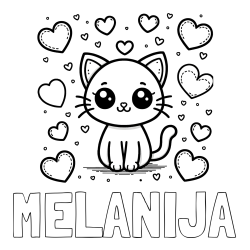Online izdelana pobarvanka - Pobarvanka imena MELANIJA in pobarvanka ljubke mucke obdane z veliko srčki