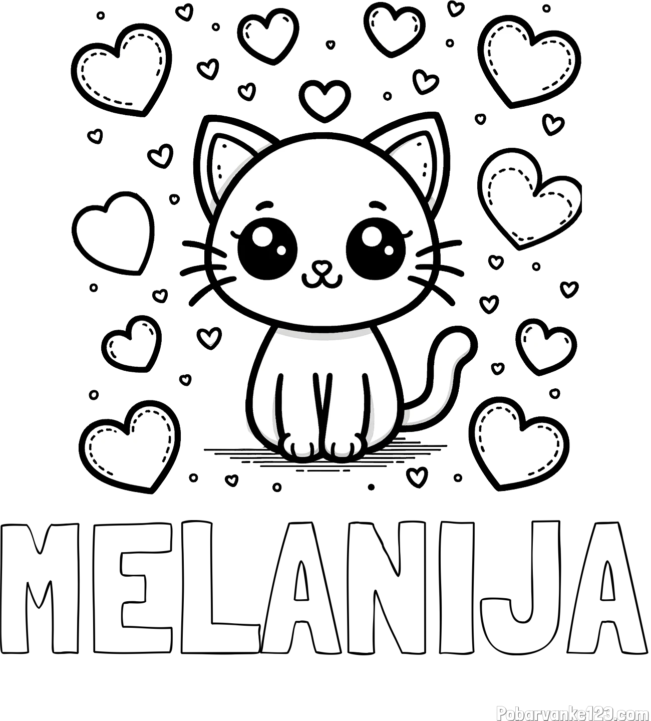 Pobarvanka imena MELANIJA in pobarvanka ljubke mucke obdane z veliko srčki