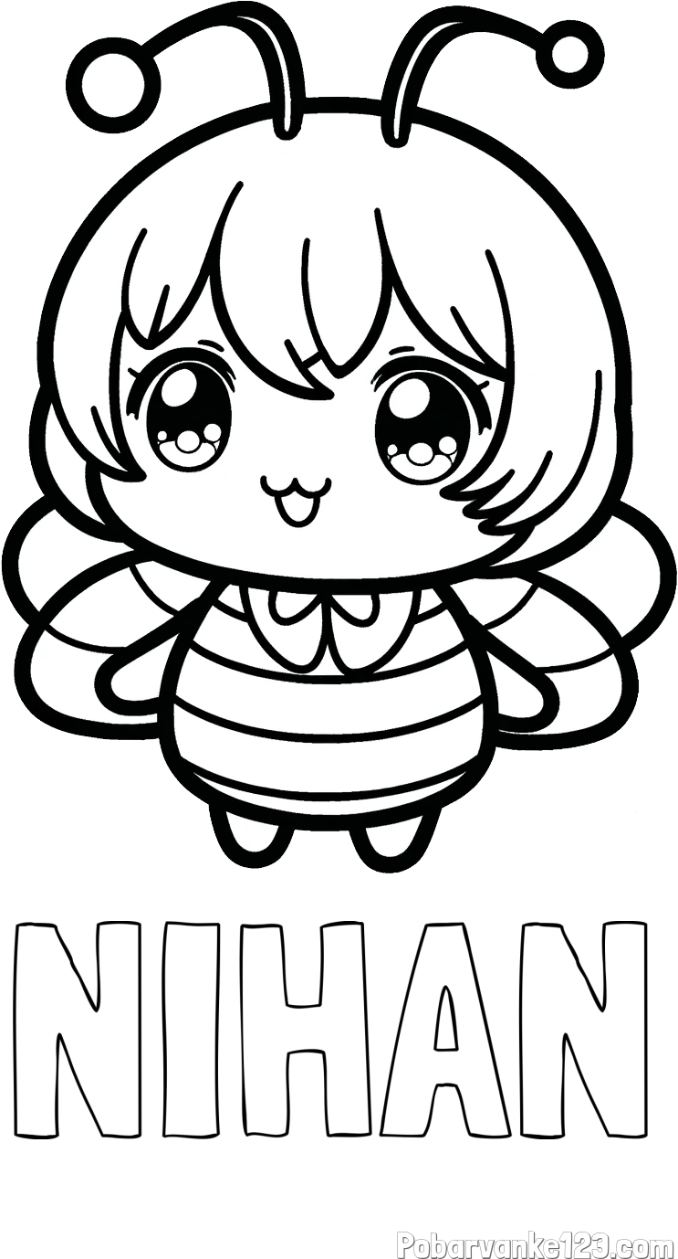 Pobarvanka imena NIHAN in pobarvanka čebelice v stilu anime